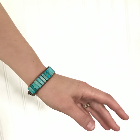 Blue Imperial Jasper Bracelet Boho Genuine Leather - Picture 3 of 8